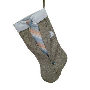 Mens Suit-Themed Christmas Stocking With Tie & Pocket Square Tweed & Blue Fabric